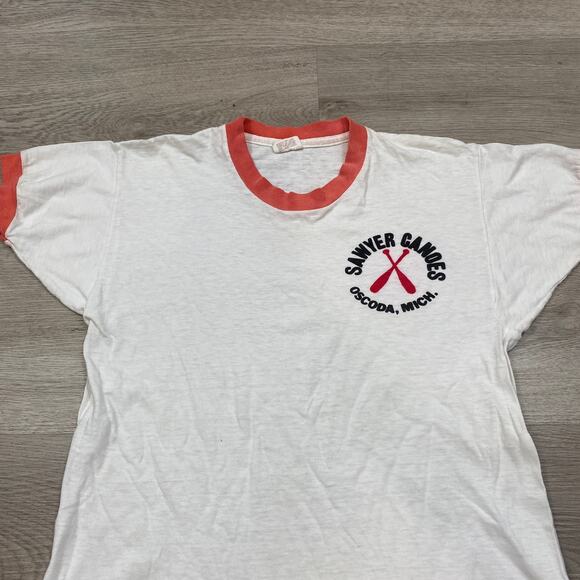 Vintage 60s 70s Mayo Spruce Sawyer Canoes Ringer T Shirt Men's M - Picture 2 of 11